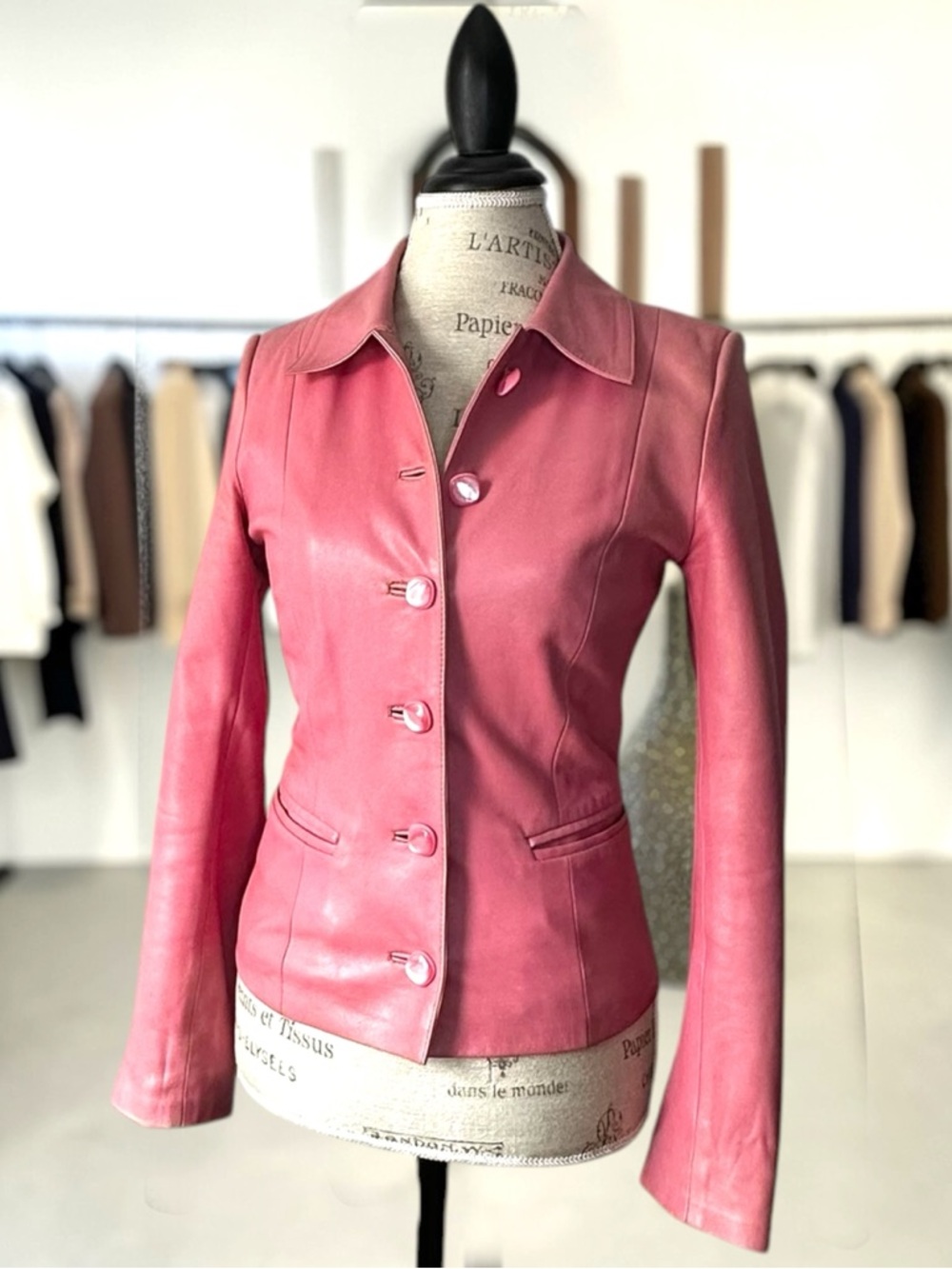 Vintage Barbiecore Luxe Pink Lambskin Leather Fitted Button Up Jacket Size XXS